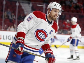 Canadiens captain Shea Weber warms up before game against the Carolina Hurricanes at the Bell Centre in Montreal on Dec. 13, 2018.