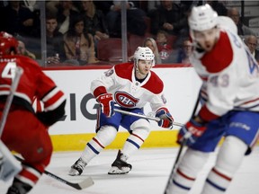 Montreal Canadiens' Matthew Peca, centre, during action in Montreal on Dec. 13, 2018.