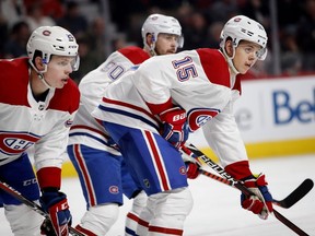 Montreal Canadiens' Nicolas Deslauriers, from left, Tomas Tatar and Jesperi Kotkaniemi during action against the Carolina Hurricanes in Montreal on Dec. 13, 2018.