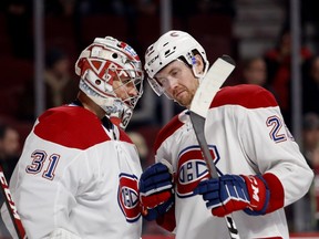 The Canadiens' Carey Price, left, with defenceman Jeff Petry,  skipped practice Friday in Brossard, taking a therapy day, but you can expect to see him in goal against the Senators on Saturday night, Dec. 15, 2018, at the Bell Centre.