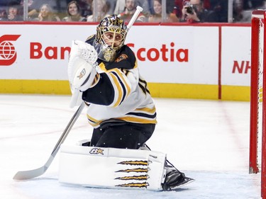 Boston Bruins goalie Jaroslav Halak tracks the puck into the corner first period Monday, Dec. 17, 2018.