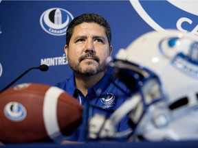 Alouettes great Anthony Calvillo is joining Danny Maciocia's Université de Montreal Carabins coaching staff. Calvillo is seen during a news conference in Montreal on Dec. 19, 2018.