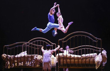 The trampoline slumber party during Cirque du Soleil's Corteo gives the impression of a biologically impossible species of fish in its death throes, says theatre critic Jim Burke.