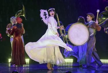 Members of the chorus dance across the stage during opening night performance of Cirque du Soleil's Corteo at the Bell Centre in Montreal Dec. 19, 2018.