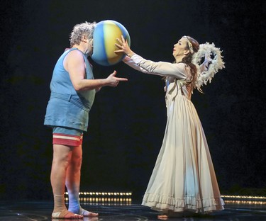 An angel shoves Mauro's soccer ball into his face during opening night performance of Cirque du Soleil's Corteo in Montreal Dec. 19, 2018.