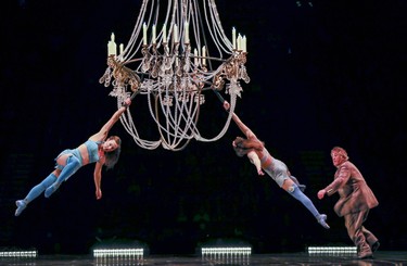 Soon Mauro is learning to fly himself, joining his own chaotic funeral procession during the opening night performance of Cirque du Soleil's Corteo in Montreal Dec. 19, 2018.