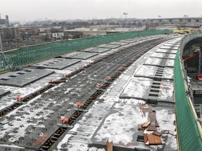 A new section of elevated highway under construction in the Turcot project.