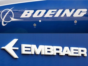 (FILES) In this file photo taken on December 21, 2017 (COMBO) This combination of file pictures created on December 21, 2017 shows the Boeing logo on the fuselage of a Boeing 787-10 Dreamliner test plane presented on the tarmac of Le Bourget airport near Paris on June 18, 2017, and the logo of Brazil's aircraft manufacturer Embraer also taken at Le Bourget airport, on June 23, 2013. - An appeals court in Brazil on December 10, 2018 overturned a suspension ordered for a proposed $4.75 billion tie-up between US aerospace giant Boeing and the civilian business of Brazilian plane-maker Embraer. The ruling superseded a decision given by a lower federal court in Sao Paulo last week that prevented the outgoing government taking any "concrete acts" on the tie-up so that the process could be handled by the administration of incoming president Jair Bolsonaro, who takes office on January 1. (Photos by ERIC PIERMONT / AFP)ERIC PIERMONT/AFP/Getty Images ORG XMIT: -