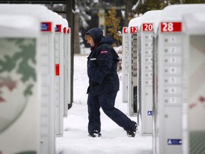 Canada Post says the cost for an individual stamp on a letter sent within Canada will cost $1.05, instead of a loonie. Other increases range between a dime to 35 cents depending on the size of the letter being sent within the country. Canada Post employee Shelly Paul delivers the mail in snowy Water Valley, Alta., Tuesday, Oct. 2, 2018.