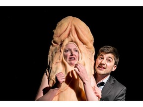 A scene from the play "Conversations Avec Mon Penis" is shown in this undated handout photo. Health inspectors who showed up at a recent Quebec City theatrical production took no issue with the actor centre stage in a giant penis costume. But after watching another actor light up a fake cigarette, they informed the general manager of the venue hosting the play it would be getting a $500 ticket for contravening Quebec's tough anti-smoking laws.