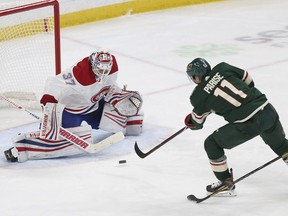 Minnesota Wild's Zach Parise scores on Montreal Canadiens goalie Antti Niemi during the third period on Dec. 11, 2018, in St. Paul, Minn.