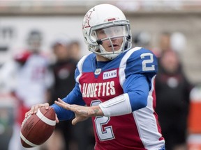 Alouettes quarterback Johnny Manziel throws a pass against the Calgary Stampeders in Montreal on Oct. 8, 2018.