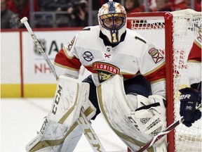 Florida Panthers goaltender Roberto Luongo watches the puck during second period against the Detroit Red Wings in Detroit on Dec. 22, 2018.