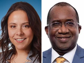 Projet Montréal's Caroline Bourgeois, left, has been elected mayor of Rivière-des-Prairies–Pointe-aux-Trembles. Ensemble Montréal's Josue Corvil, right, has been elected city councillor for the Saint-Michel district.