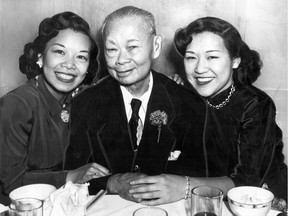 Charlie Chin Kun Bow (centre) with his two daughters, Nellie (left) and Mary, at a dinner Jan. 3, 1949, in his honour to mark his 70th birthday. Stories about the event were published Jan. 4, 1949.