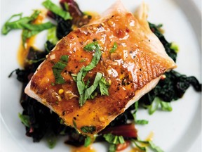 Glazed salmon with chili-basil sauce. The recipe is from Christopher Kimball’s latest cookbook, Milk Street Tuesday Nights.