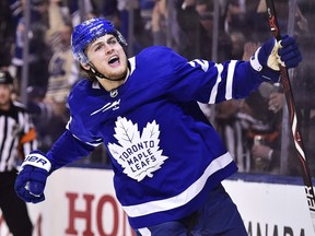 Toronto Maple Leafs centre William Nylander celebrates his goal against the Boston Bruins during second-period round one playoff hockey action in Toronto on Monday, April 23, 2018. The restricted free agent signed a six-year deal with the Toronto Maple Leafs on Saturday, just before the deadline of 5 p.m. The agreement carries an average annual value of US$10.2 million this season and $6.9 million from years two through six.
