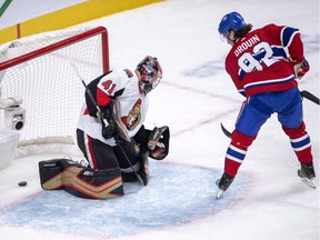 Canadiens' Jonathan Drouin scores a first-period goal against Senators goalie Craig Anderson Tuesday night at the Bell Centre. Drouin added two assists in the second period for a three-point night.