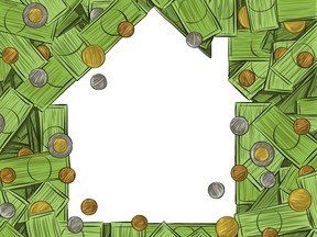 The outline of a home surrounded by money.