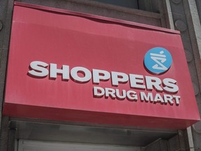The logo for Shoppers Drug Mart is shown in downtown Toronto on May 24, 2016.