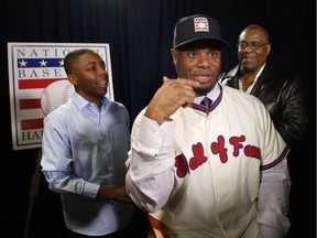 Former MLB star Ken Griffey Jr., centre, describes how similar his youngest son, Tevin, is to his father, fellow former MLB player Ken Griffey Sr., after Griffey Jr. was elected to the Baseball Hall of Fame in 2016, in New York. Griffey Sr.'s other son, Trey Griffey, is a wide receiver in the NFL.
