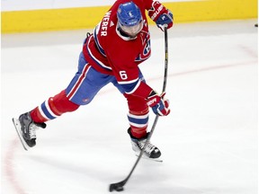 Montreal Canadiens captain Shea Weber takes a shot during warmup prior to game against the Florida Panthers on Jan. 15, 2019.