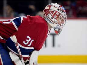 Canadiens goaltender Carey Price watches the play during NHL game against the Minnesota Wild at the Bell Centre in Montreal on Jan. 7, 2019.