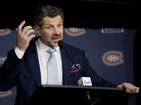 Canadiens general manager Marc Bergevin speaks to the media before a game against the Minnesota Wild in Montreal on Jan. 7, 2019.