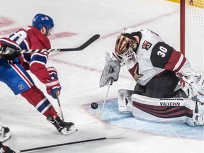 Canadiens' Joel Armia swoops in for a short-handed chance against Coyotes goalie Calvin Pickard during second period Wednesday night at the Bell Centre. Armia was named first star on the night.