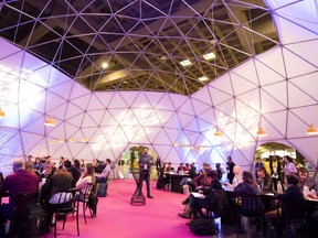 Alexandre Bouchard of V3 Digital makes a presentation in a geometric dome during the Expo Entrepreneurs in Montreal on Thursday.