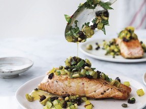 Yotam Ottolenghi tops his salmon with pine nut salsa.