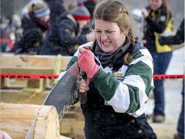 Bailey Graham from Fleming College in Lindsay, Ontario, grits her teeth as she competes in the single buck event during the 59th annual Woodsmen competition at the MacDonald Campus of McGill University in Ste-Anne-de-Bellevue on Saturday Jan. 26, 2019.