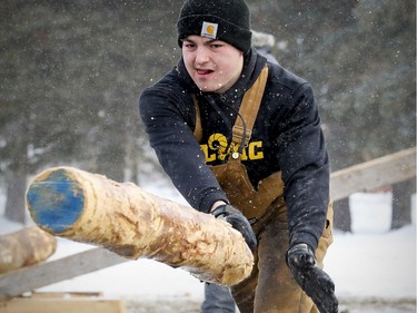 Spencer Acton from Dalhousie Agricultural Campus in Truro, Nova Scotia throws a log during the pulp toss event at the 59th annual Woodsmen competition at the MacDonald Campus of McGill University in Ste-Anne-de-Bellevue on Saturday Jan. 26, 2019.