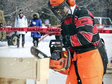 Maxime Leclerc represents McGill in the chainsaw event during the 59th annual Woodsmen competition at the MacDonald Campus of McGill University in Ste-Anne-de-Bellevue on Saturday Jan. 26, 2019.
