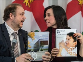 Mayor Valérie Plante and Benoit Dorais, executive committee member responsible for finances, unveil the 2018-2020 Capital Works Budget on Jan. 31, 2018.