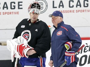 Canadiens goalie Carey Price has a conversation with coach Claude Julien during practice at the Bell Sports Complex in Brossard on Thursday January 31, 2019.