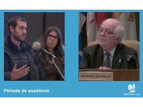 The Beaconsfield council meeting had its inaugural webcast last week. Mayor Georges Bourelle listens to a young couple who recently bought a house in Beaconsfield and are concerned by the hefty welcome tax the city charges new homeowners.