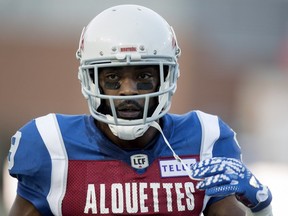 Montreal Alouettes receiver Ernest Jackson takes part in pre-game warmup before facing the Toronto Argonauts in Montreal on Aug. 24, 2018.
