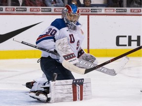 Goalie Cayden Primeau #30 of the United States makes a save against Russia in Semifinals hockey action of the 2019 IIHF World Junior Championship on January, 4, 2019 at Rogers Arena in Vancouver.