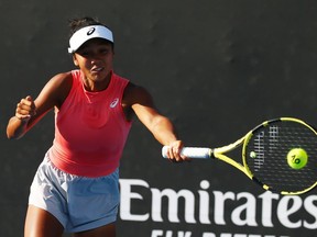 Leylah Fernandez plays a forehand at the 2019 Australian Open on January 21, 2019 in Melbourne, Australia.