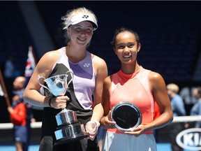 Clara Tauson of Denmark and Leylah Annie Fernandez of Canada pose after their Junior Girls' Singles Final during day 13 of the 2019 Australian Open at Melbourne Park on January 26, 2019 in Melbourne, Australia.