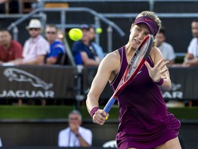 Eugenie Bouchard of Canada plays a shot in her singles match against Bibiane Schoofs of The Netherlands during the ASB Classic at the ASB Tennis Centre on January 02, 2019 in Auckland, New Zealand.