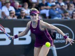 Eugenie Bouchard of Canada plays a shot in her singles match against Bibiane Schoofs of The Netherlands during the ASB Classic at the ASB Tennis Centre on January 02, 2019 in Auckland, New Zealand.