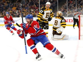 Paul Byron #41 of the Montreal Canadiens celebrates after scoring against the Boston Bruins during the second period at TD Garden on January 14, 2019 in Boston.
