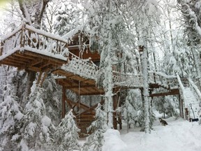 The Enchanted Treehouse is one of five woodsy lodgings at Les Toits du Monde in the Upper Laurentians.