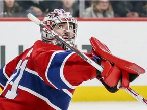 Montreal Canadiens' Carey Price follows the puck after making a save against the Washington Capitals in Montreal on Nov. 19, 2018.