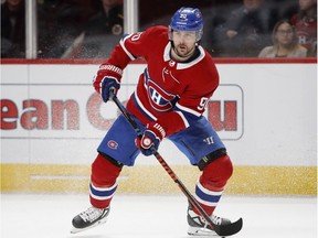 Montreal Canadiens' Tomas Tatar looks to pass against the Boston Bruins in Montreal on Nov. 24, 2018.