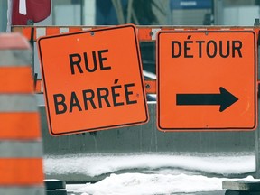 Road closed/detour signs in Montreal.