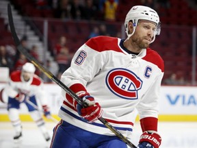 Montreal Canadiens defenceman Shea Weber skates during warmup prior to a game against the Carolina Hurricanes in Montreal on Dec. 13, 2018.
