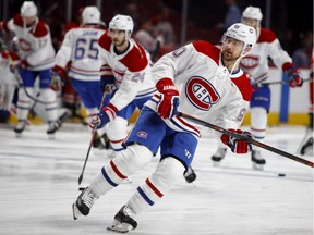 Canadiens' Tomas Tatar (90) skates in warm-ups prior to the game against the Carolina Hurricanes in Montreal on Dec. 13, 2018.